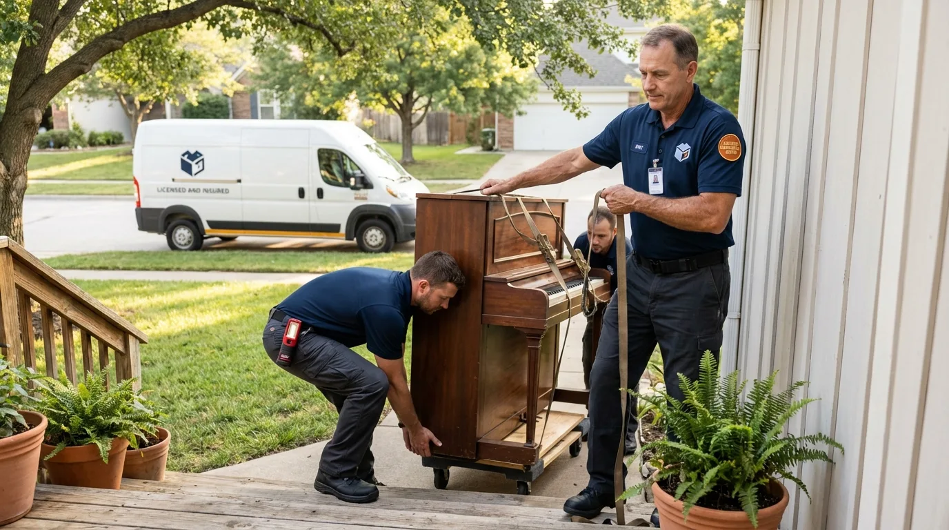 Licensed piano movers securing grand piano in Culebra, PR