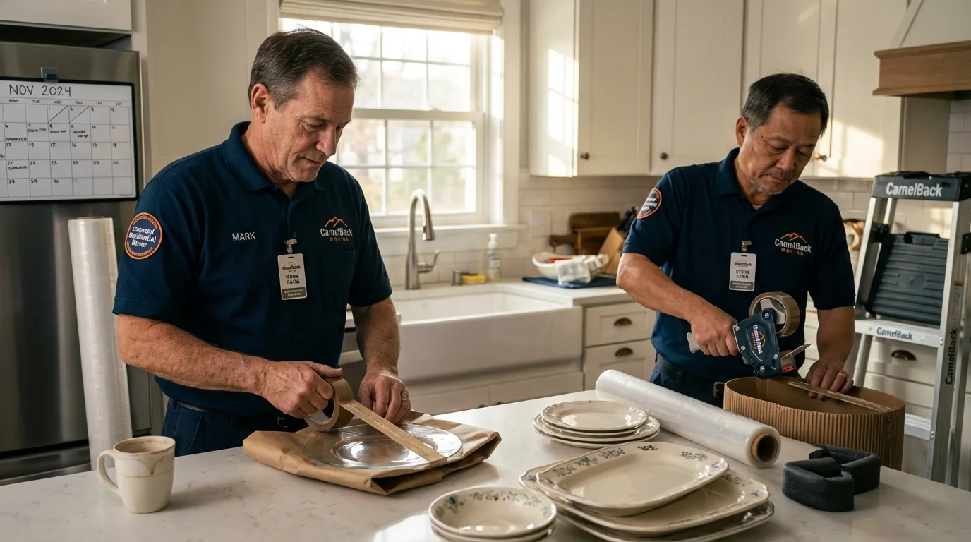 Professional crew packing kitchen dishware in Culebra, PR